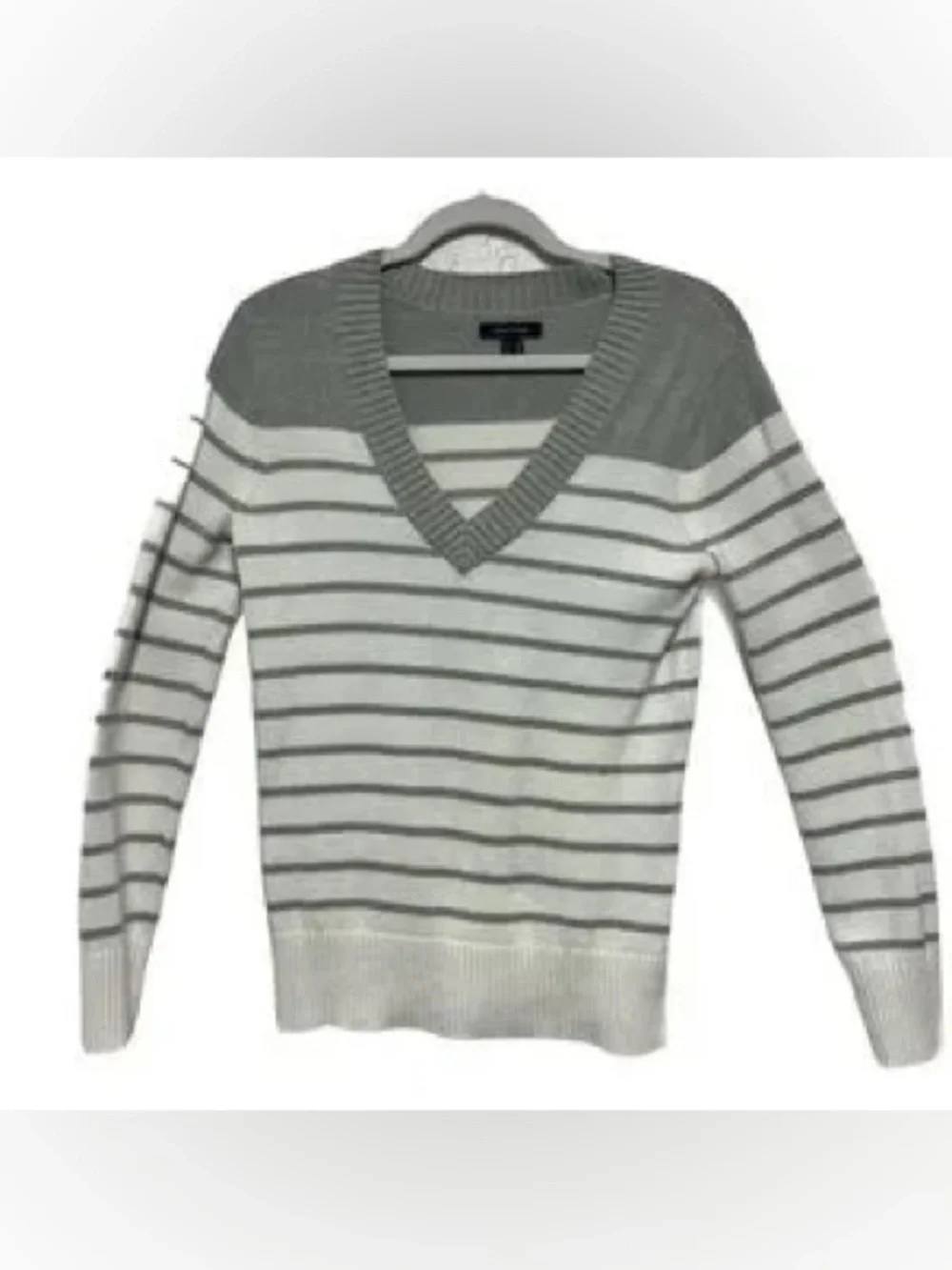 Nautica Women's V-Neck Sweater in Gray and White Stripes